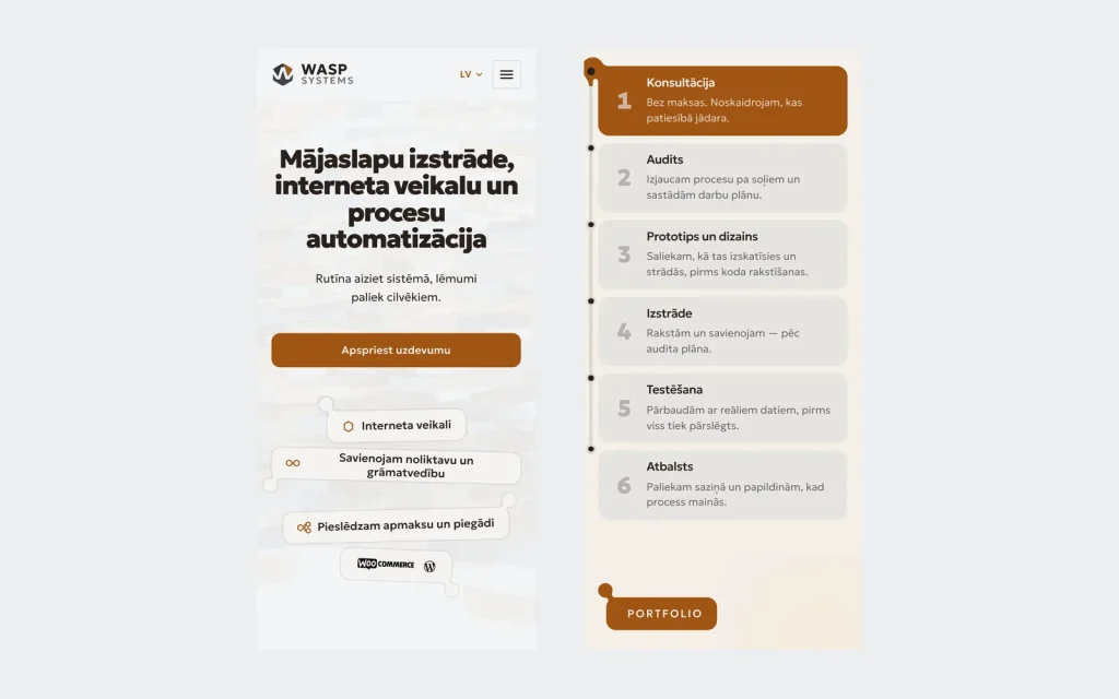 Мобильная версия: первый экран и блок процесса работы